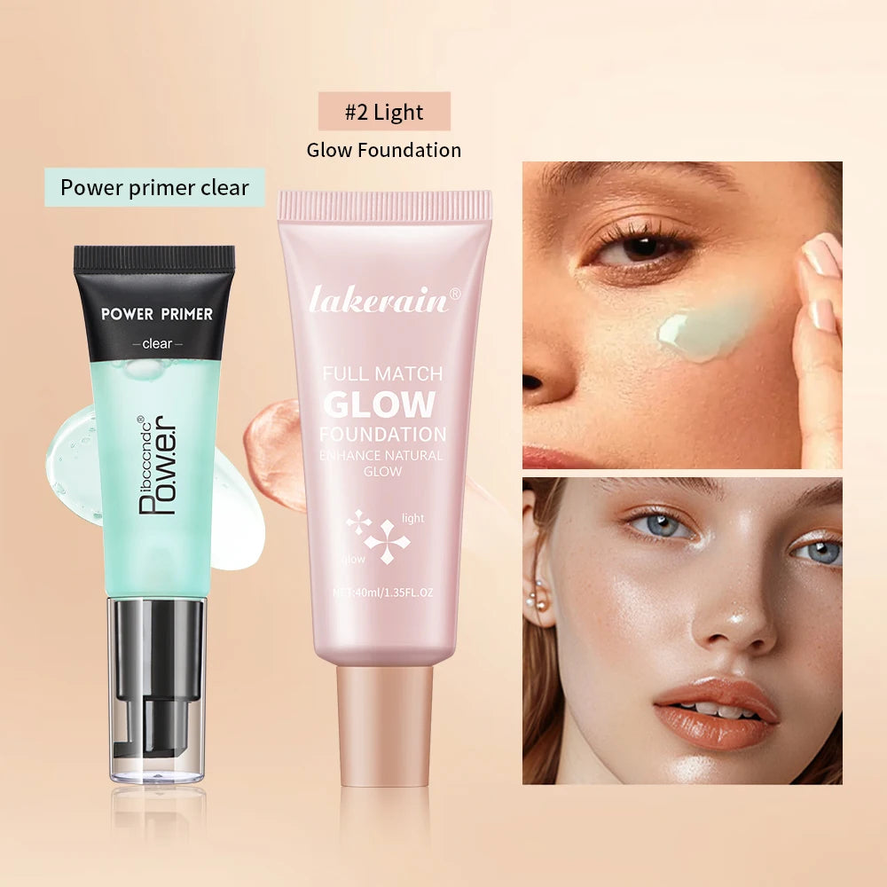 Powder Grip Primer Gel & Glow Foundation Makeup Kit Hydrating Smoothing Skin Lightweight Brighthen Shiny Fase Cosmetics Combo Oasis Select SET 2