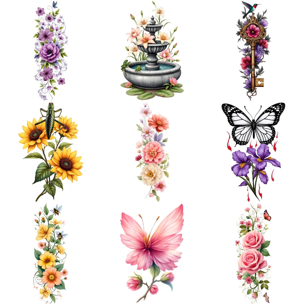 9-Piece Temporary Tattoo Stickers – Butterfly, Floral & Key