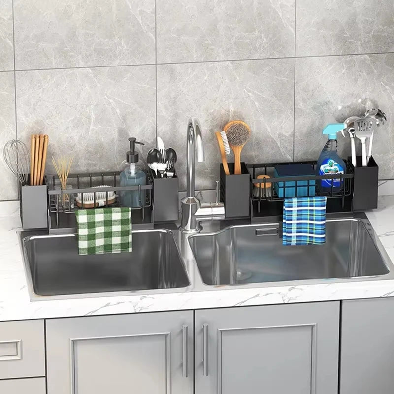 WISH Kitchen Sink Organizer Rack - Plastic Self-Draining Shelf For Soap, Sponge, Dishcloth, Towel, With Filter Basket Oasis Select
