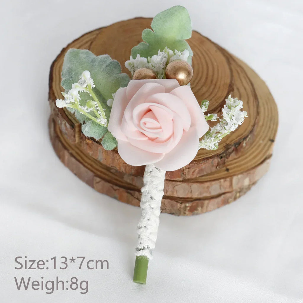 Boutonnieres Flowers Artificial White Roses Silk Ivory Corsage Buttonhole Groomsmen Boutonniere for Men Wedding Accessories Oasis Select Pink