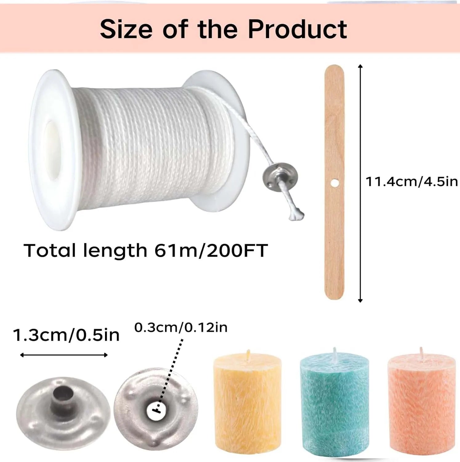 Candle Making Kit – 61m Wick Roll, 100 Metal Tabs & Stickers
