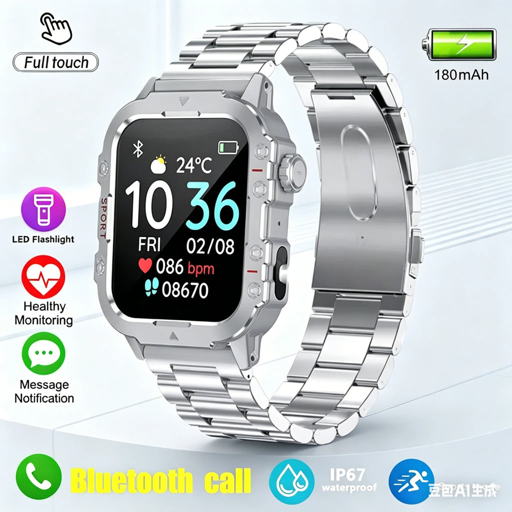 Military-Grade Smartwatch – Bluetooth Call, Flashlight & 100+ Sports