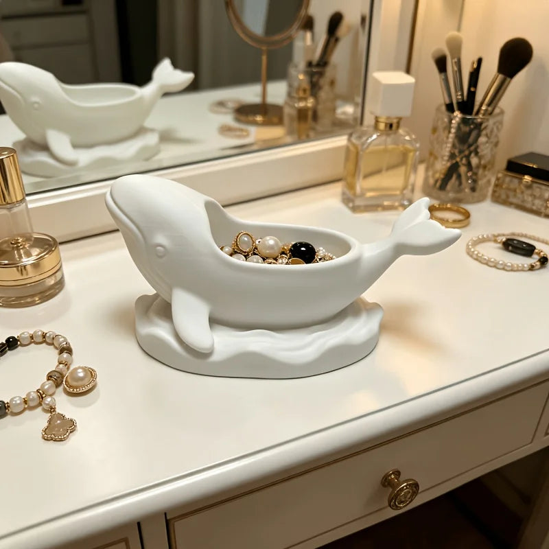 White Whale Shaped Jewelry Tray Wave Base Trinket Dish for Earrings Necklaces Cute Vanity Entryway Decor Storage Holder Oasis Select