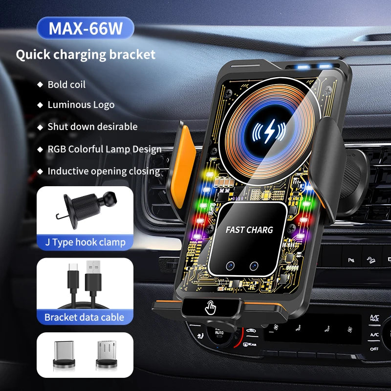 Magnetic 15W Car Wireless Charger Max 66W Fast Charging Auto-Clamping RGB Light Phone Holder Stand Bracket For iPhone Samsung Oasis Select Black