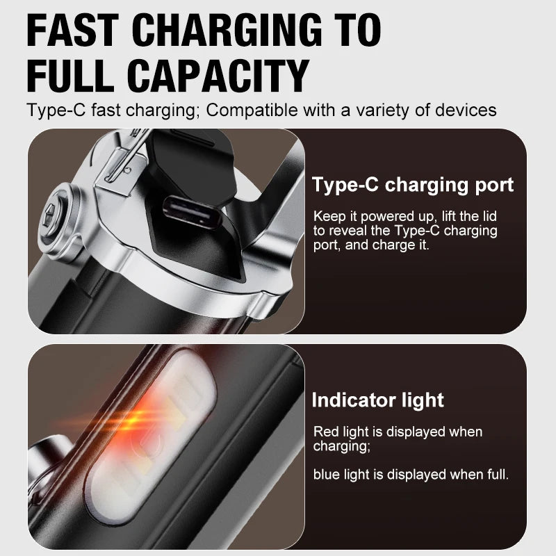 Mini Keychain Flashlight 300LM | 7 Modes, Waterproof, Type-C
