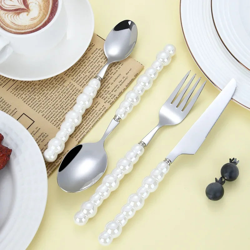 4Pcs/Set Luxury Dinnerware Stainless Steel Spoon and Fork Ceramic Pearl Handle Western Silver Cutlery High-looking Tableware Oasis Select