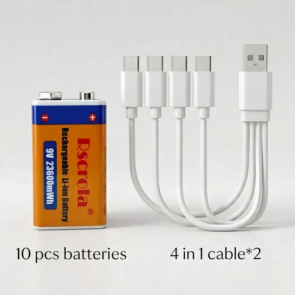 9V Li-ion Rechargeable Battery 23600mWh USB Type-C Charging 9Volt Batteries for Microphone Guitar EQ Multimeter MicrophoneToys Oasis Select 9v 10 pcs 9v Batteries