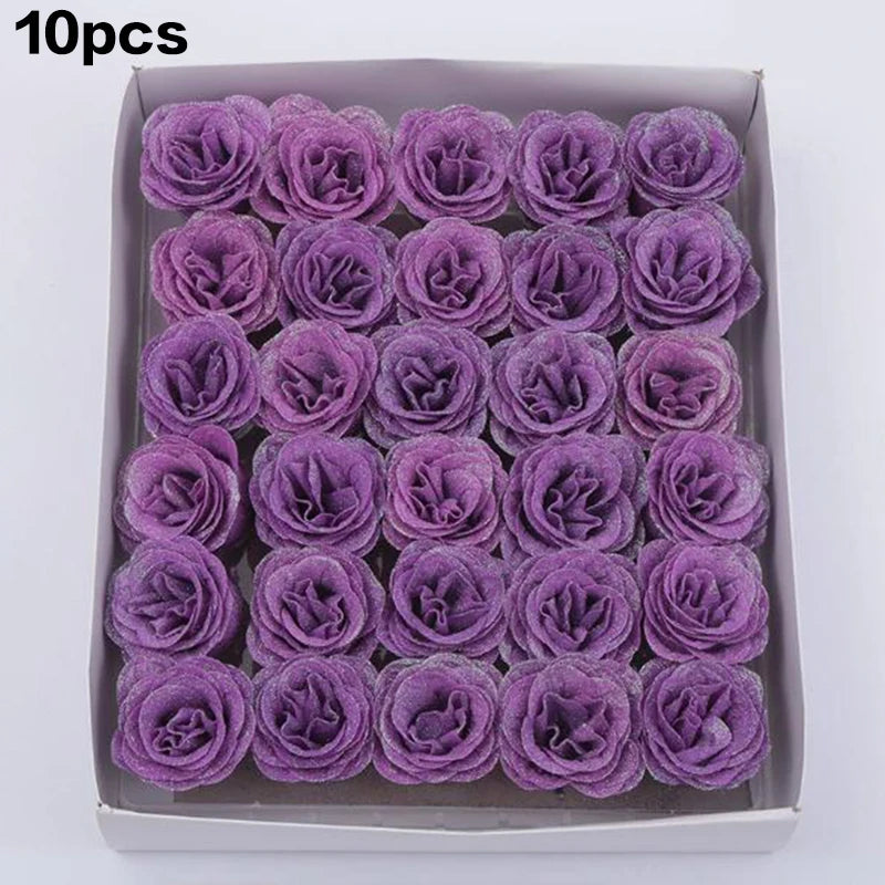10Pcs Fairy Simulation Crystal Rose DIY Fake Flower Heads Valentine's Day Sparkling Rose Family Atmosphere Decoration Oasis Select Color Purple 10Pcs