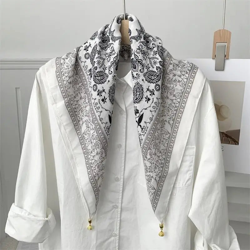 70x70 Retro Print Square Silk Scarf with Magnetic Buckle