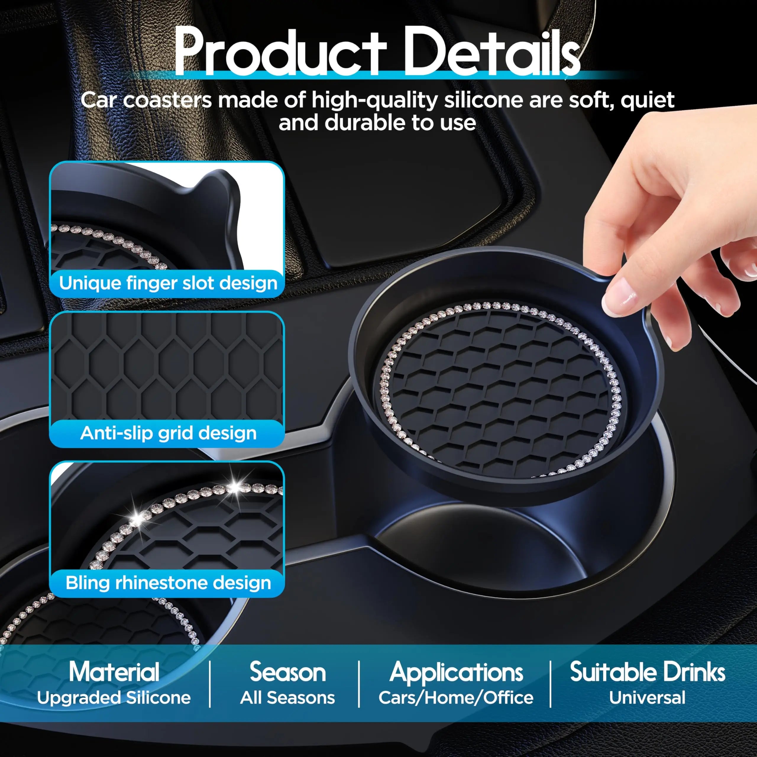 Rhinestone Car Cup Holder Coasters | Non-Slip Silicone Inserts