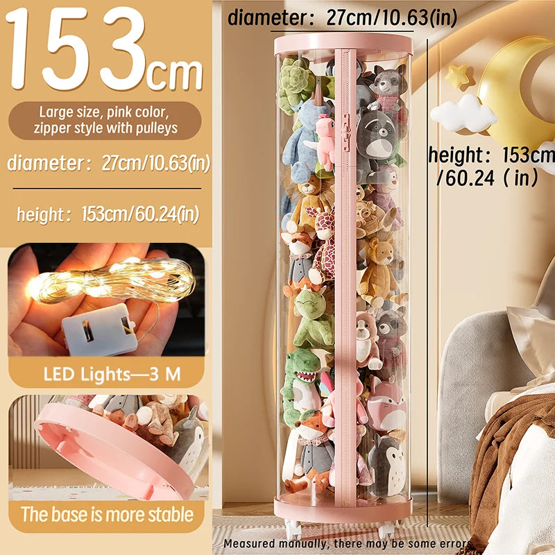Transparent Doll Storage Box Plush Toy Organization Toy Storage Tube DIY Zipper Bins Kid Christmas Gift Children's Toy Organizer Oasis Select pink-L-wheel-Light