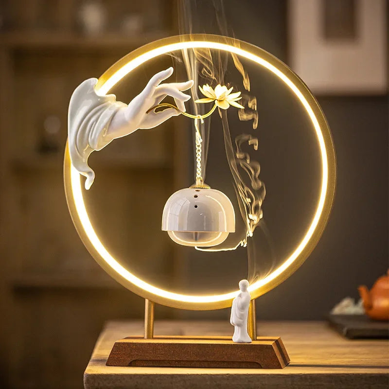 New Chinese Zen Buddha Hand Lotus Incense Decoration Creative Living Room Decorative Light Ring Reverse Flow Incense Burner Oasis Select