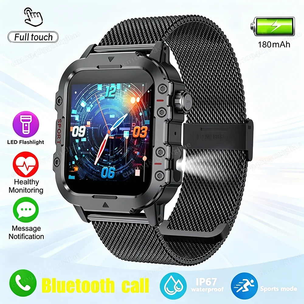 Military-Grade Smartwatch – Bluetooth Call, Flashlight & 100+ Sports