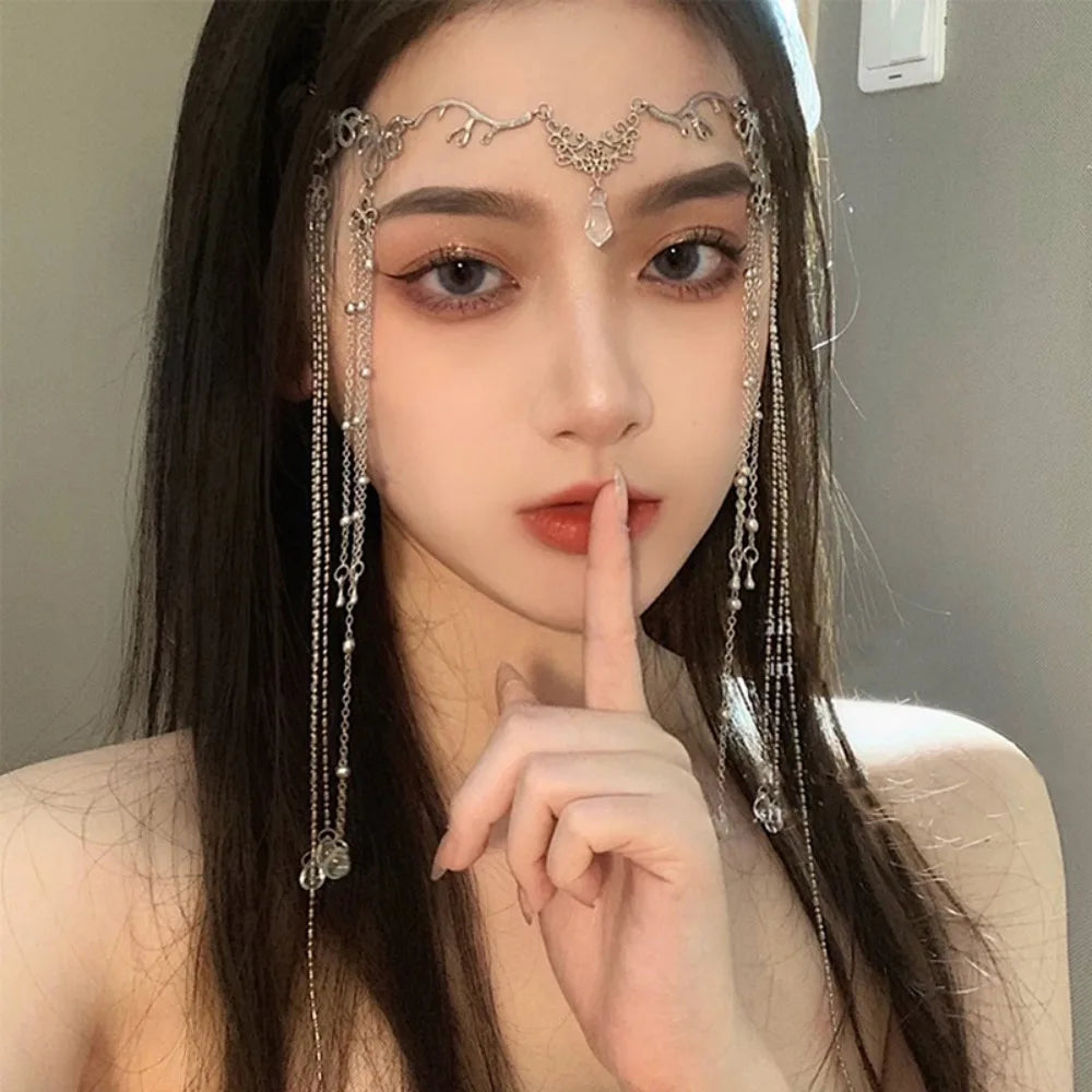 Women Accessory Crystal Water Drop Tassel Head Chain Long Tassel Golden Eyebrow Center Pendant Vintage Forehead Ornament Wedding Oasis Select