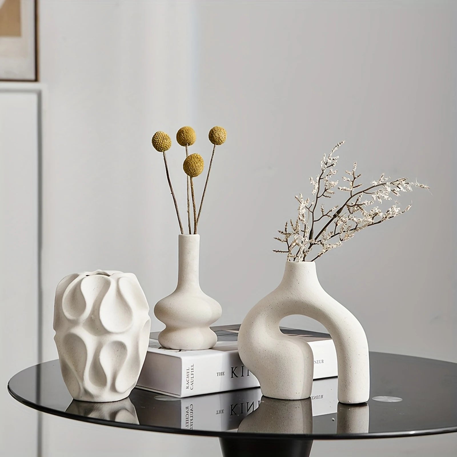 3pcs Bohemian Ceramic Vase Set Modern Minimalist Round & Donut Shape Geometric Pattern Perfect For Fashion Home Decoration Oasis Select