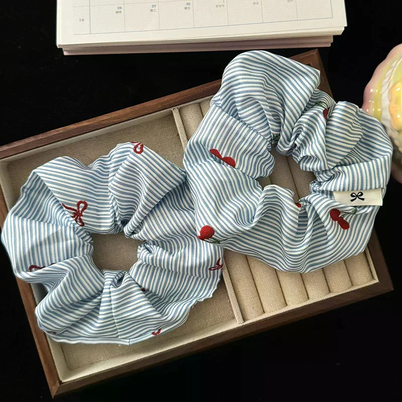 2Pcs Korean Delicate Style Blue Striped Red Bow Cherry Scrunchie Hair Tie Fashionable New Hair Accessories Oasis Select