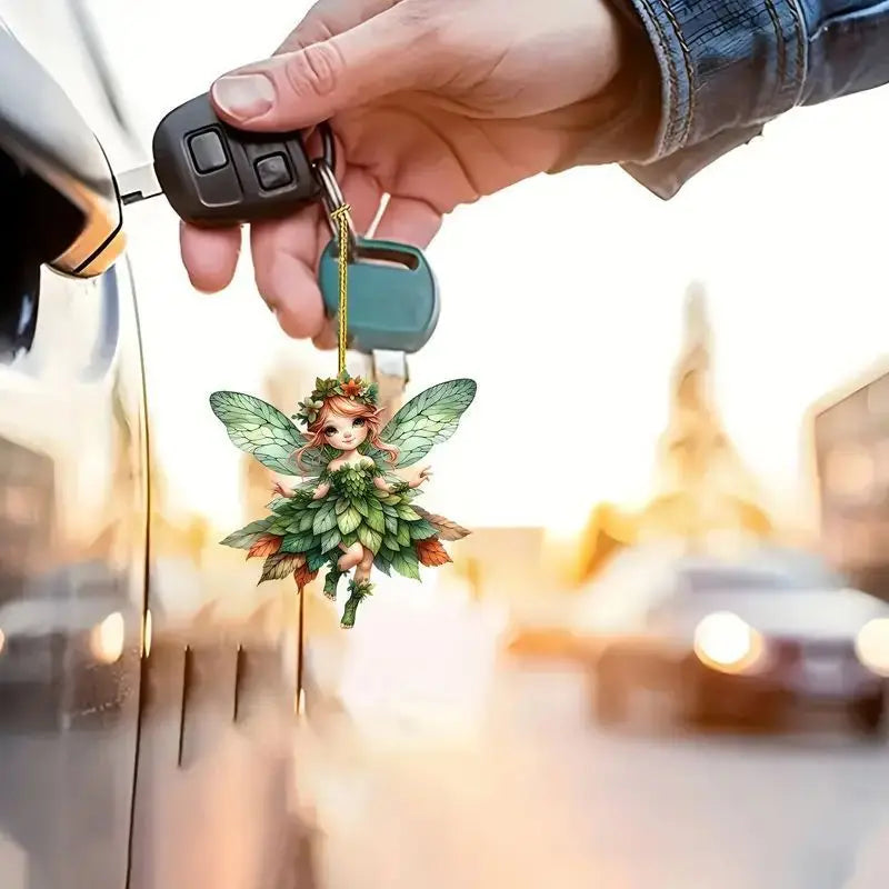 1pcs 2D Acrylic Green Elf Pendant Flower Fairy Charms Small Fresh Car Pendant Cartoon Cute Elf Car Rearview Mirror Decoration Oasis Select