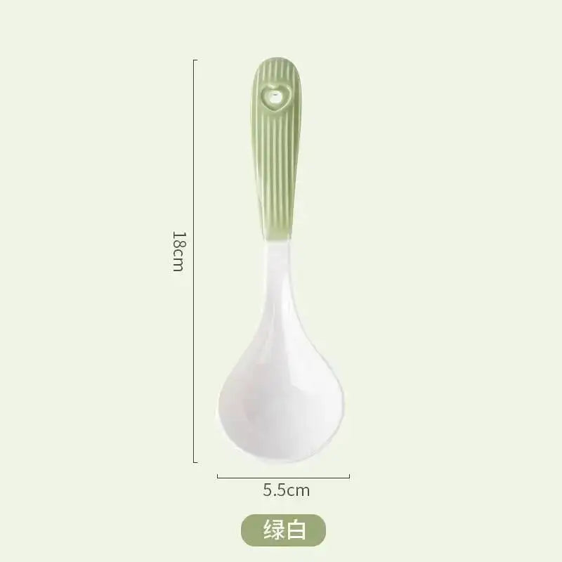 Heart Ceramic Spoon Thickened Handle Non-Scalding Large Soup Spoon Porridge Spoon Rice Spoon Tablespoon Kitchen Tablewear Oasis Select Green And White