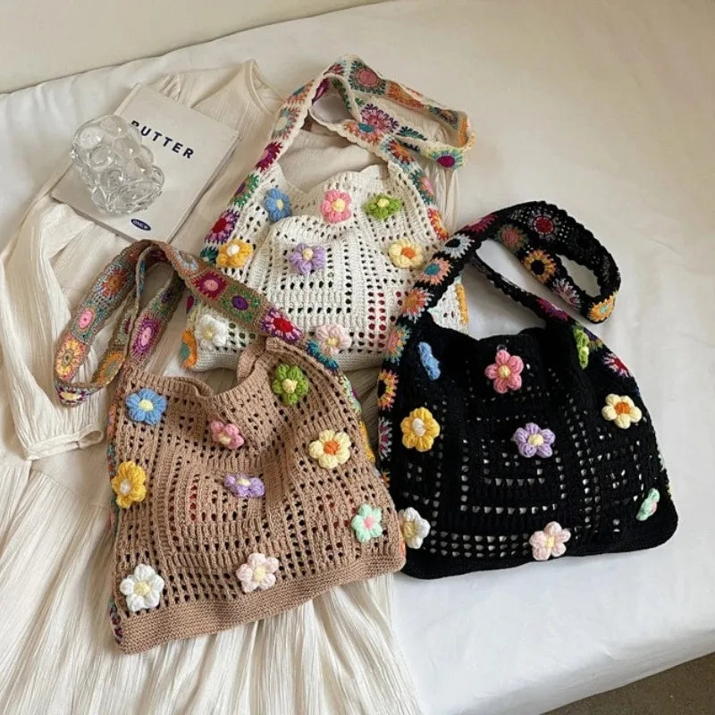 Women's Boho Crochet Bag Designer Flowers Knitted Handbags Large Capacity Summer Beach Woven Shoulder Bag Girls Tote Shopper Bag Oasis Select