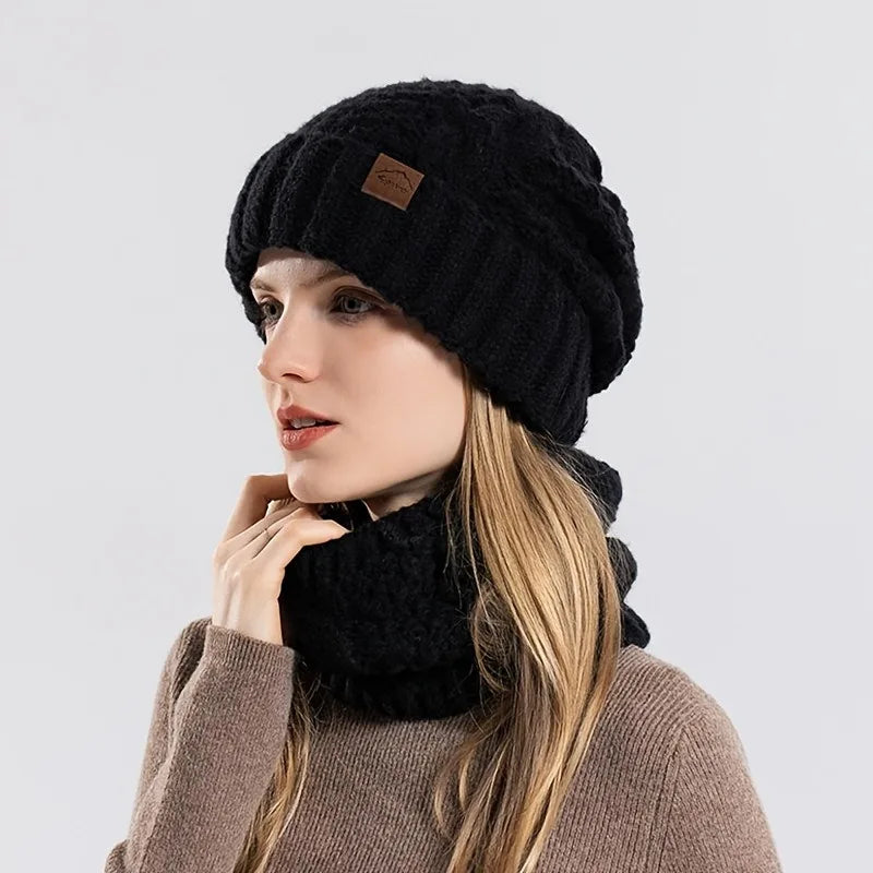 1pc Thickened Winter Hat and Scarf Set, Ear Protection Beanie & Shawl for Men Women, Unisex Couple Cold Weather Gear,Christmas Oasis Select black