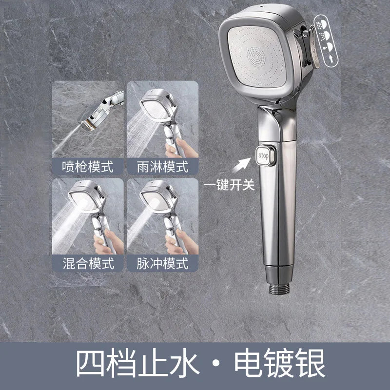 4 Modes High Pressure Shower Head With Switch On Off Button Sprayer Water Saving Adjustable Shower Nozzle Filter For Bathroom Oasis Select Sliver Shower