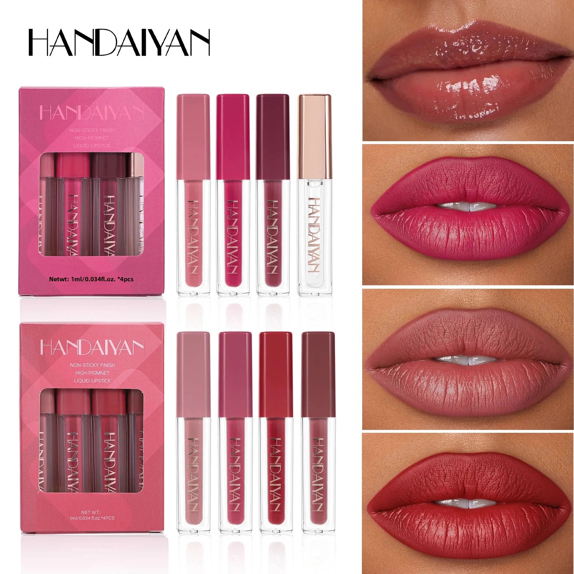 Handaiyan 4pc Velvet Liquid Lipstick Set – Waterproof Lip Gloss