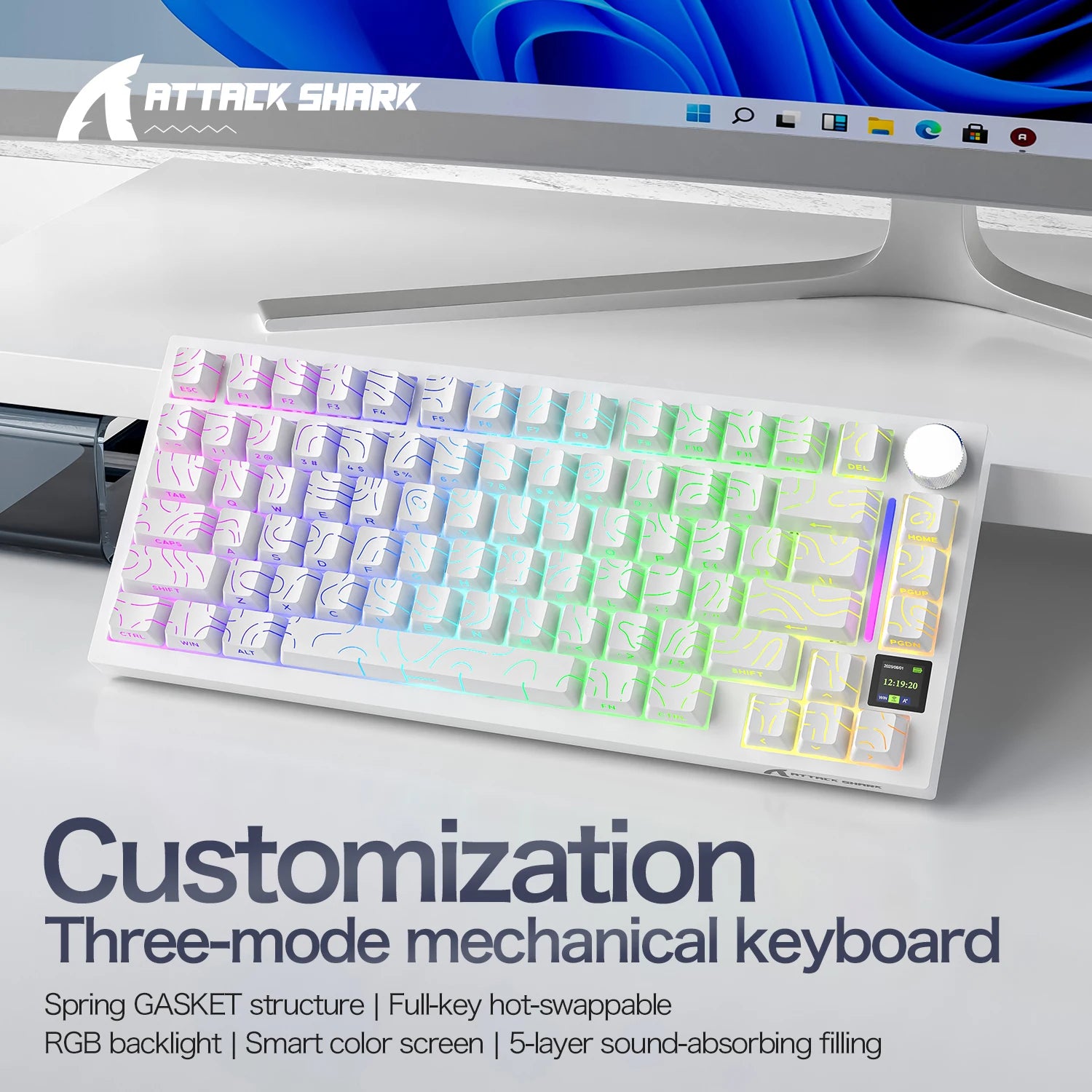 ATTACK SHARK X820Ultra Wireless Mechanical Keyboard Smart Color Screen& Knob,Tri-Mode, Gasket Mount, Hot-Swappable&RGB Oasis Select