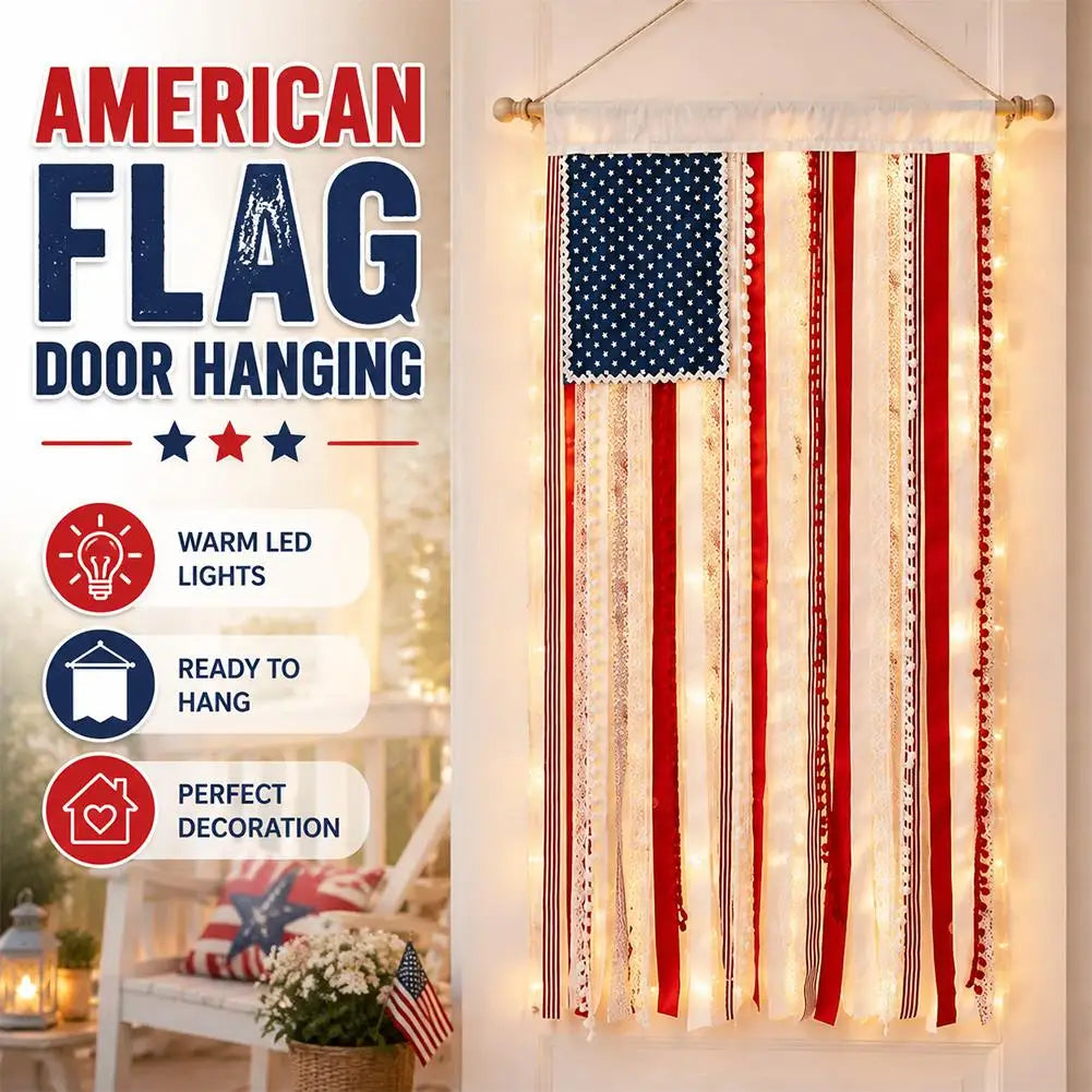 4th of July USA Flag Fringe Banner with LED Lights – 50"×27"