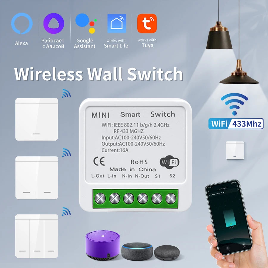 Tuya WiFi Smart Switch 433Mhz Relay Receiver Wireless 1/2/3 Gang 86 Wall Panel Switch APP Control Works with Alexa Google Home Oasis Select