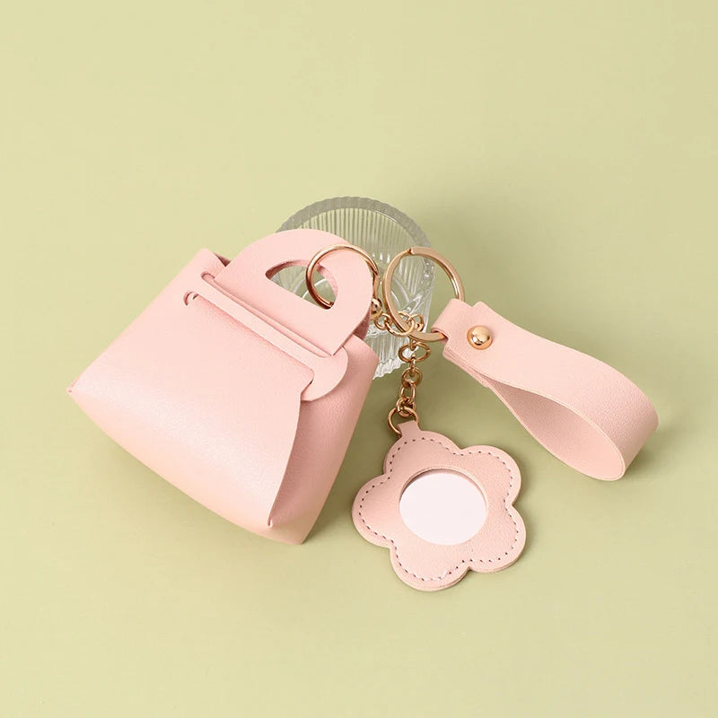Creative Pu Leather Women Clutch Bag Shaped Keychain With Mirror Mini Earphone Key Bag Pendant Cute Coin Purse Pendant Gifts Oasis Select Pink