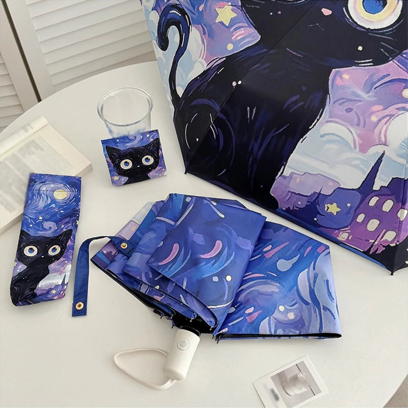 Cartoon Cat Purple Folding Umbrella Professional Sun Protection And UV Protection Umbrella Dual use of Rain and Sunny Automatic Oasis Select