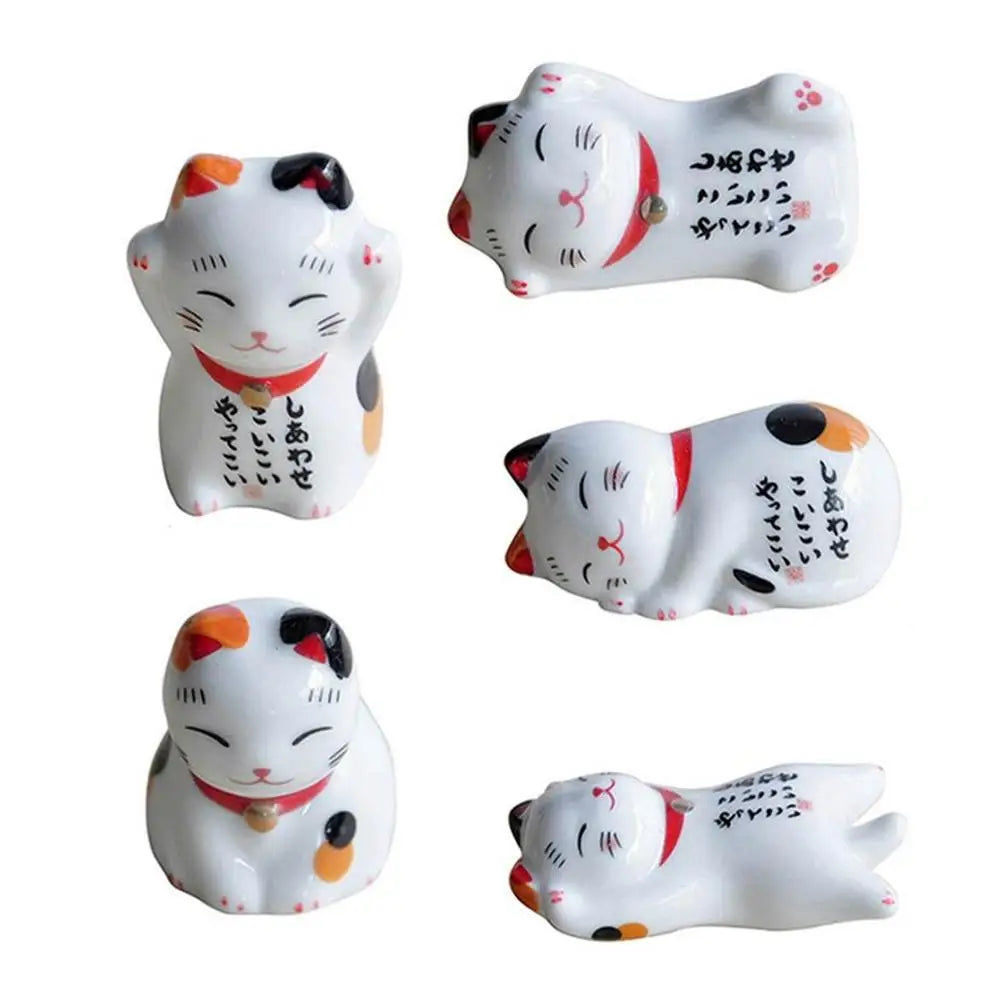 Lucky Cat Chopsticks Rest Household Ceramic Ornament 5Pcs Japanese Style Ceramic Chopsticks Holder Kitchen Craft Home Decor Oasis Select White