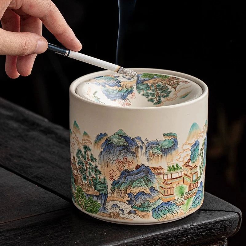 Shanshui Yaju Ru Kiln Ashtray with Lid Anti Fly Ash Office Smoke Cup Household Chinese Funnel Smoke Jar Ceramics Oasis Select