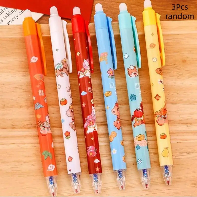 3Pcs Cute Cartoon New Year's Pony Erasable Pen Press Magic Brush Gel Pen Student Stationery Supplies New Year Stationery Gifts Oasis Select A7