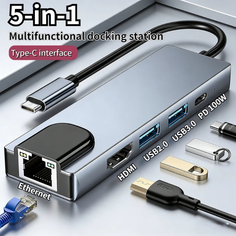 Type-C To 5/8Ports Docking Station HDMI 4K/RJ45 100M PD Splitter USB 3.0 5Gbps High Speed USB C HUB Adapter For Laptop Macbook Oasis Select