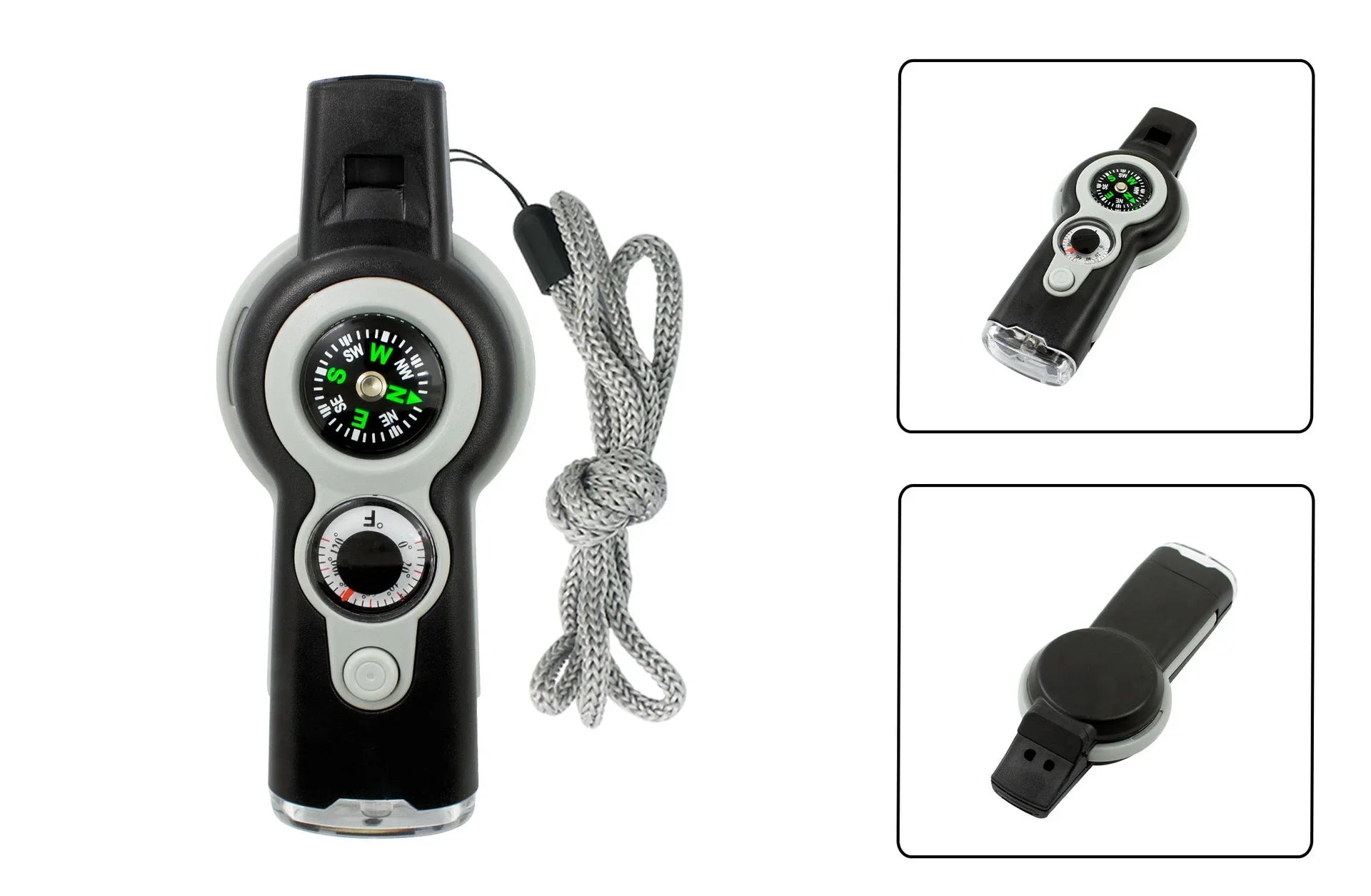 7in1 Emergency Survival Function Whistle Outdoor Multifunctional Survival Whistle with Lanyard Compass Flashlight Camping Hike Oasis Select GRAY