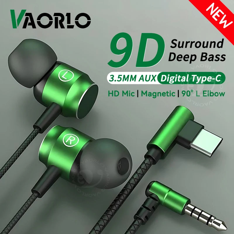 9D HIFI Heavy Bass Game Earphones 3.5MM AUX/Type-C 90° L Elbow Metal Magnetic Music Earbuds With Mic In-Ear Headsets For Android Oasis Select