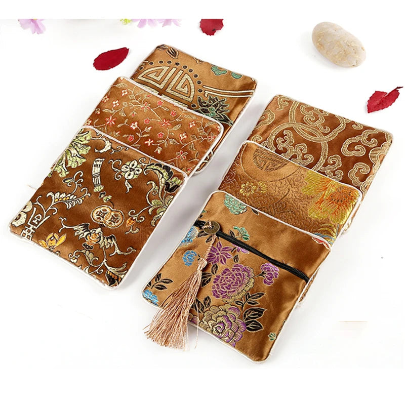 Chinese Brocade Jewelry Storage Bag Handmade Silk Embroidery Padded Small Zipper Tassel Jewelry Organizer Pouch Satin Gift Bag Oasis Select L Other