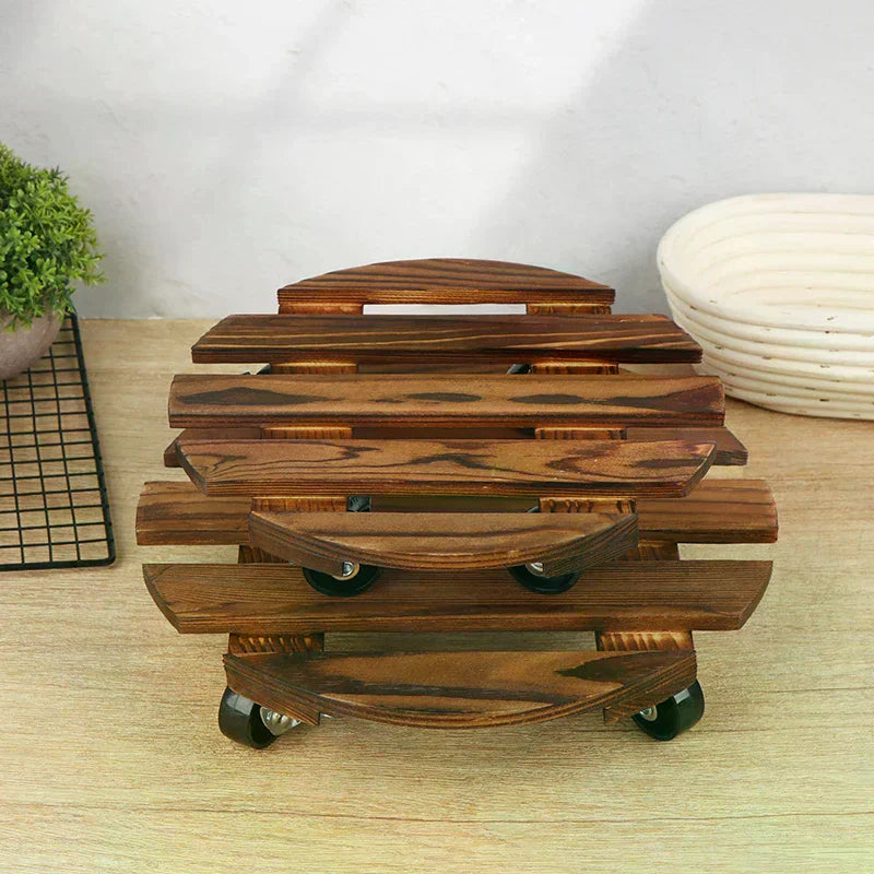 Wood Rolling Plant Caddy | 360° Lockable Wheels | Indoor & Outdoor