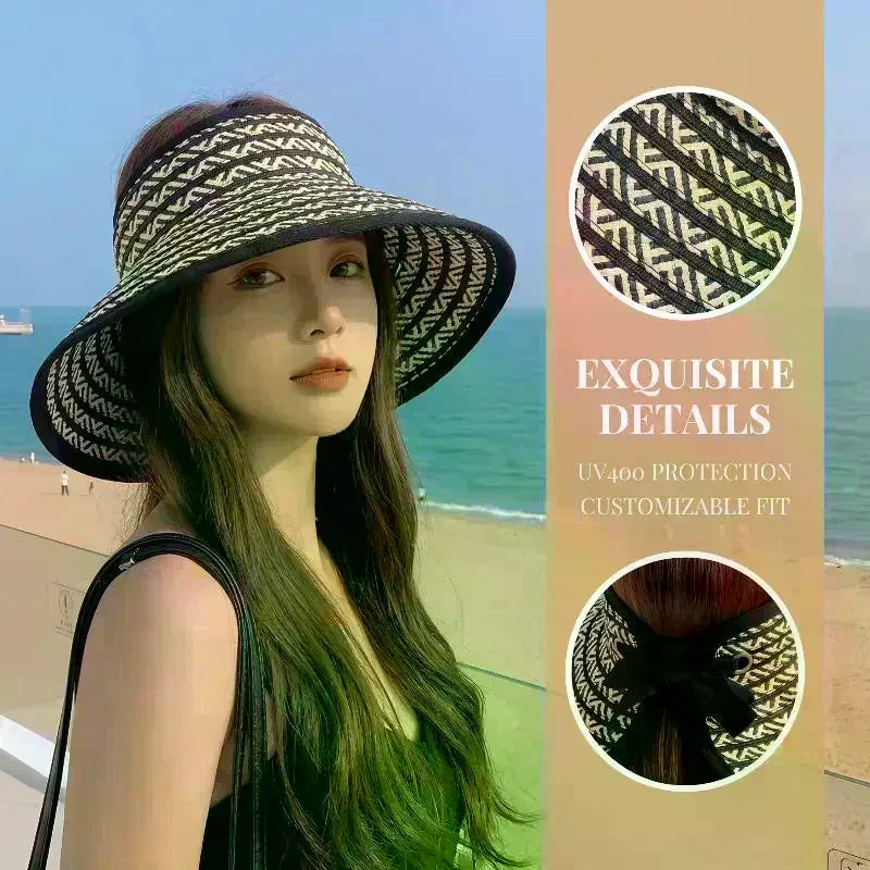 Women's Wide Brim Empty Top Straw Sun Visor Cap Summer UV Protection Foldable Casual Beach Travel Hat Oasis Select