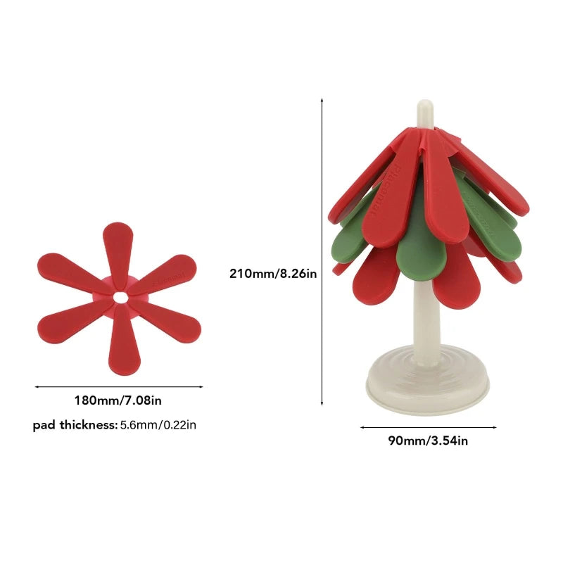 Tree Shape Trivet, Anti Scald Foldable Silicone Trivets for Hot Dishes Heat Resistant Easy to Clean Tree Trivet with 3 Coasters Oasis Select Round 2red 1green L