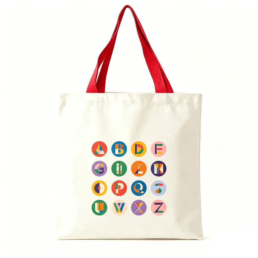 Vibrant Geometric Alphabet Canvas Tote Bag Large Cotton Shoulder Bag Student Travel Shopping Handbag Color Handle Oasis Select Deep red