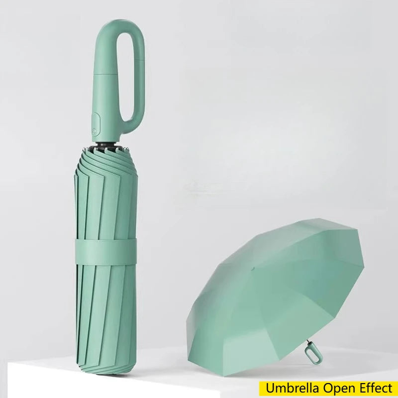 UPF50+ Auto Lock Carabiner Folding Umbrella for Backpack Quick Attach Detach Portable Outdoor Travel Umbrella Oasis Select green 1Pc 8K full-fiber