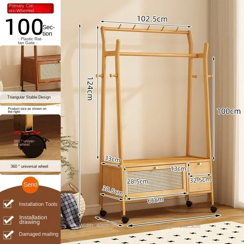 Multi-functional Bedroom coat hanger, floor-standing household mobile wheeled coat rack, retro indoor multi-functional coat rack Oasis Select Primary colo100