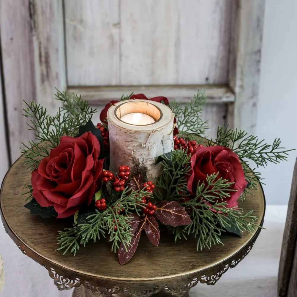 Christmas Candlestick Wreath Red Fruit Artificial Flowers Candle Ring Xmas New Year Table Decoration Candle Holder Garland Oasis Select