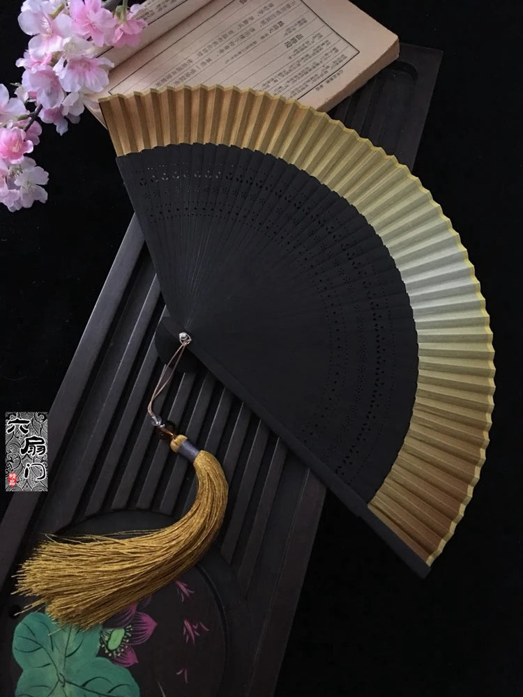 Edo Japanese Style Japanese Style Folding Fan Kimono Fan Real Silk Female Fan Small Flower Carved Gradient Blank Fan Golden Oasis Select