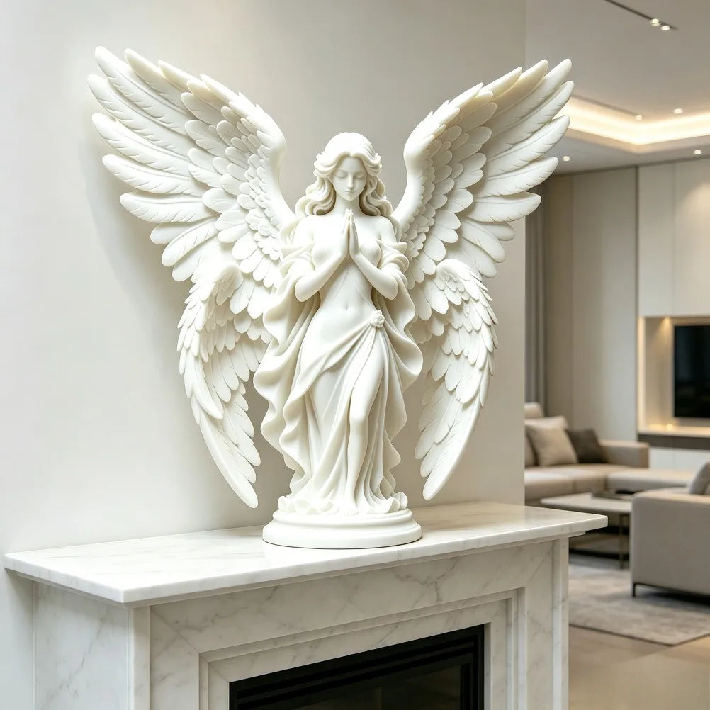 Serene Prayer Winged Guardian Angel Sculpture Matte Neoclassical Faith Statue Calm Tabletop Decor Spiritual Housewarming Present Oasis Select