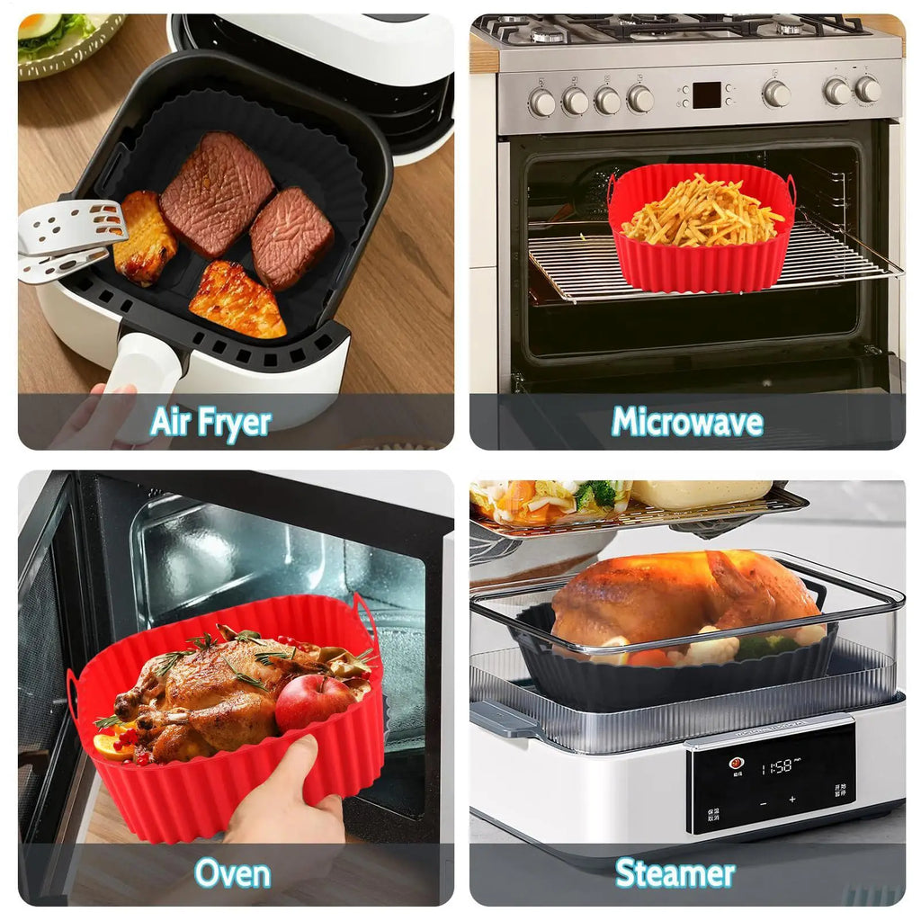 Silicone Air Fryer Pot Tray Food Safe Reusable Square BBQ Barbecue Pad Plate Airfryer Oven Baking Mold Basket Pan for Kitchen Oasis Select