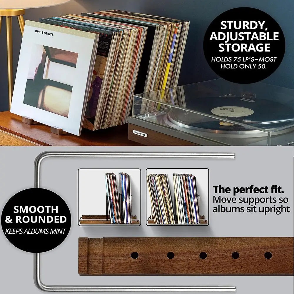 Retro Solid Walnut Vinyl Record Holder Space Saving Portable Album Display Holder Adjustable CD Racks Oasis Select
