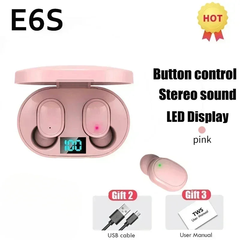 E6S Wireless Bluetooth Earphones TWS Bluetooth Headset Wireless Earbuds Noise Cancelling Earphones with Microphone Headphones Oasis Select Pink Earbuds